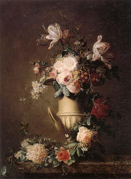 A Still life of various flowers in a sculpted urn,resting on a marble-topped table, unknow artist